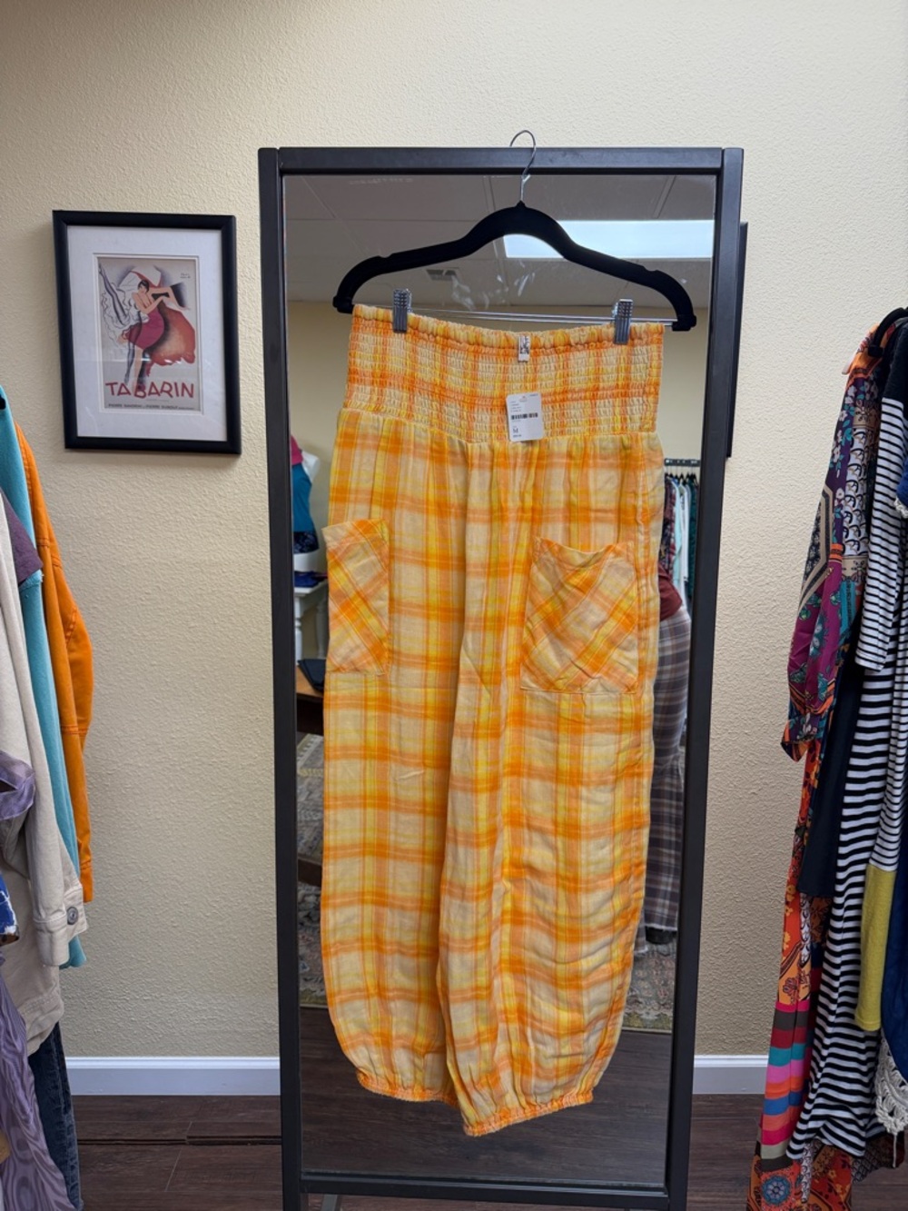 Free People Yellow Plaid Smocked-Waist Wide-Leg Pants